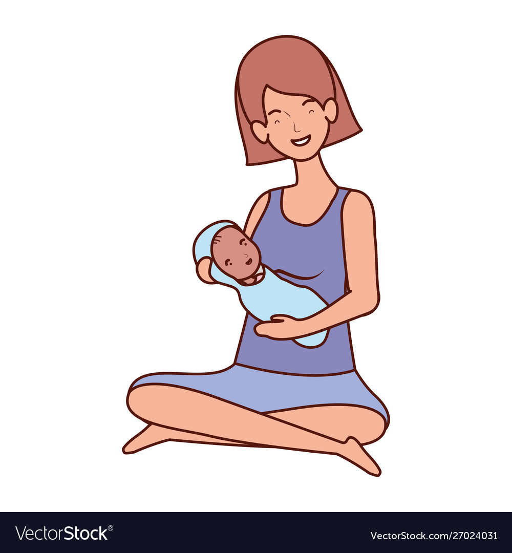 Cute pregnancy mother seated lifting little baby Vector Image