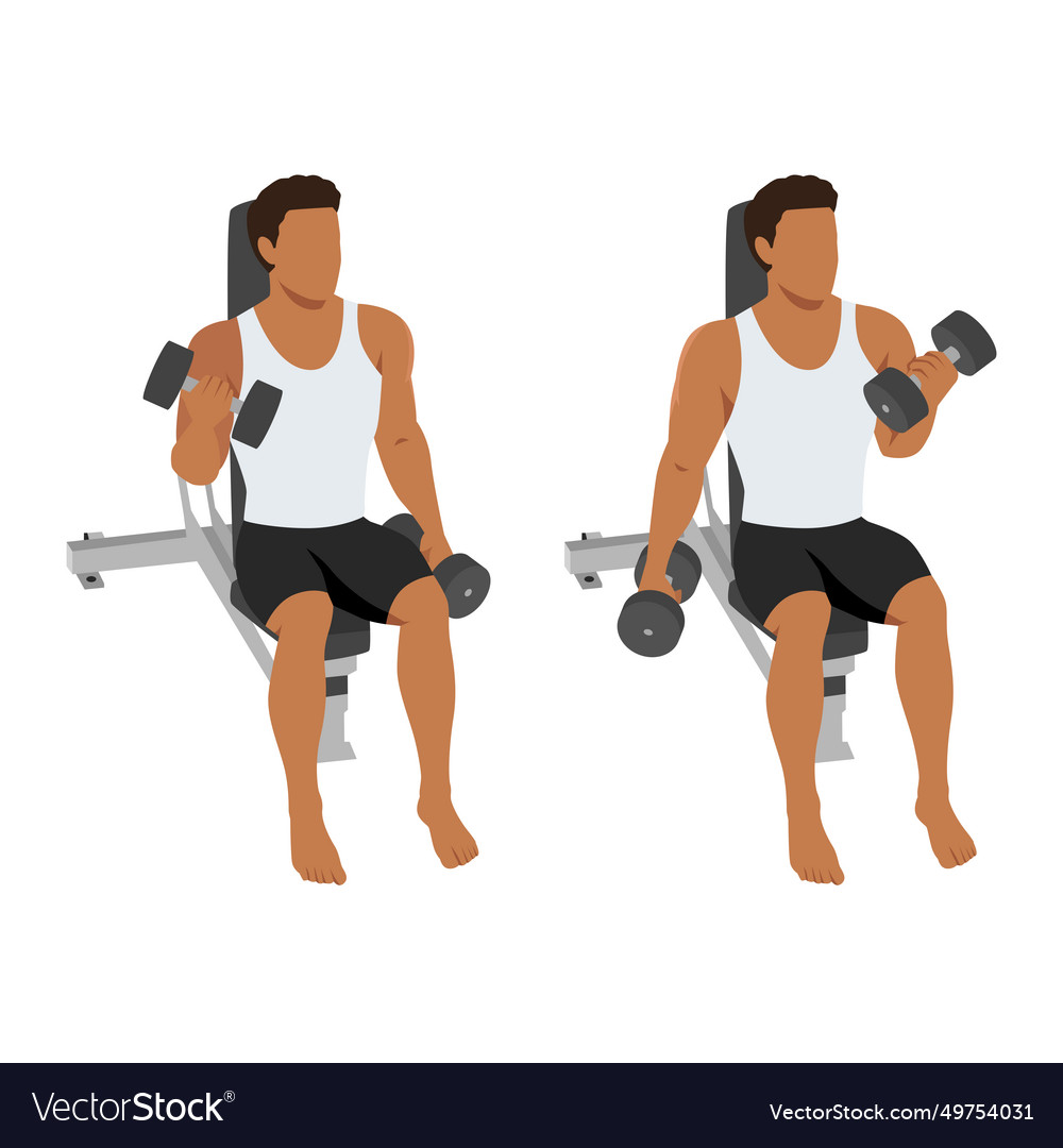 Man doing seated alternating bicep twist curl Vector Image