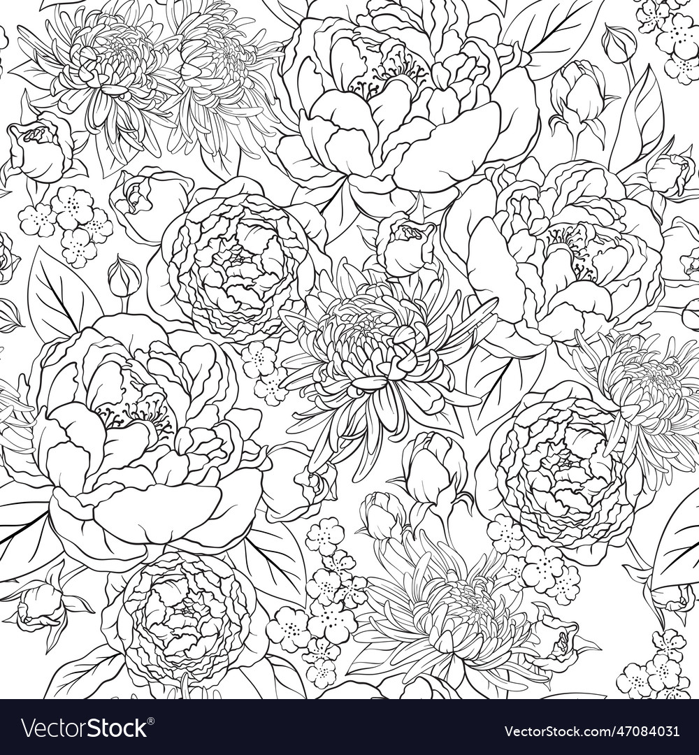 Seamless outline background with roses peonies Vector Image