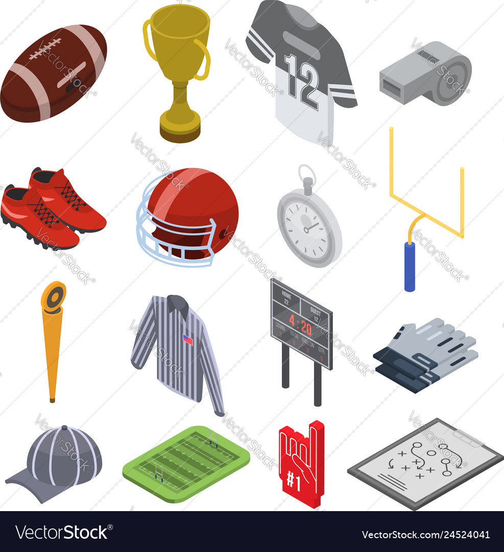 American football equipment icons set isometric