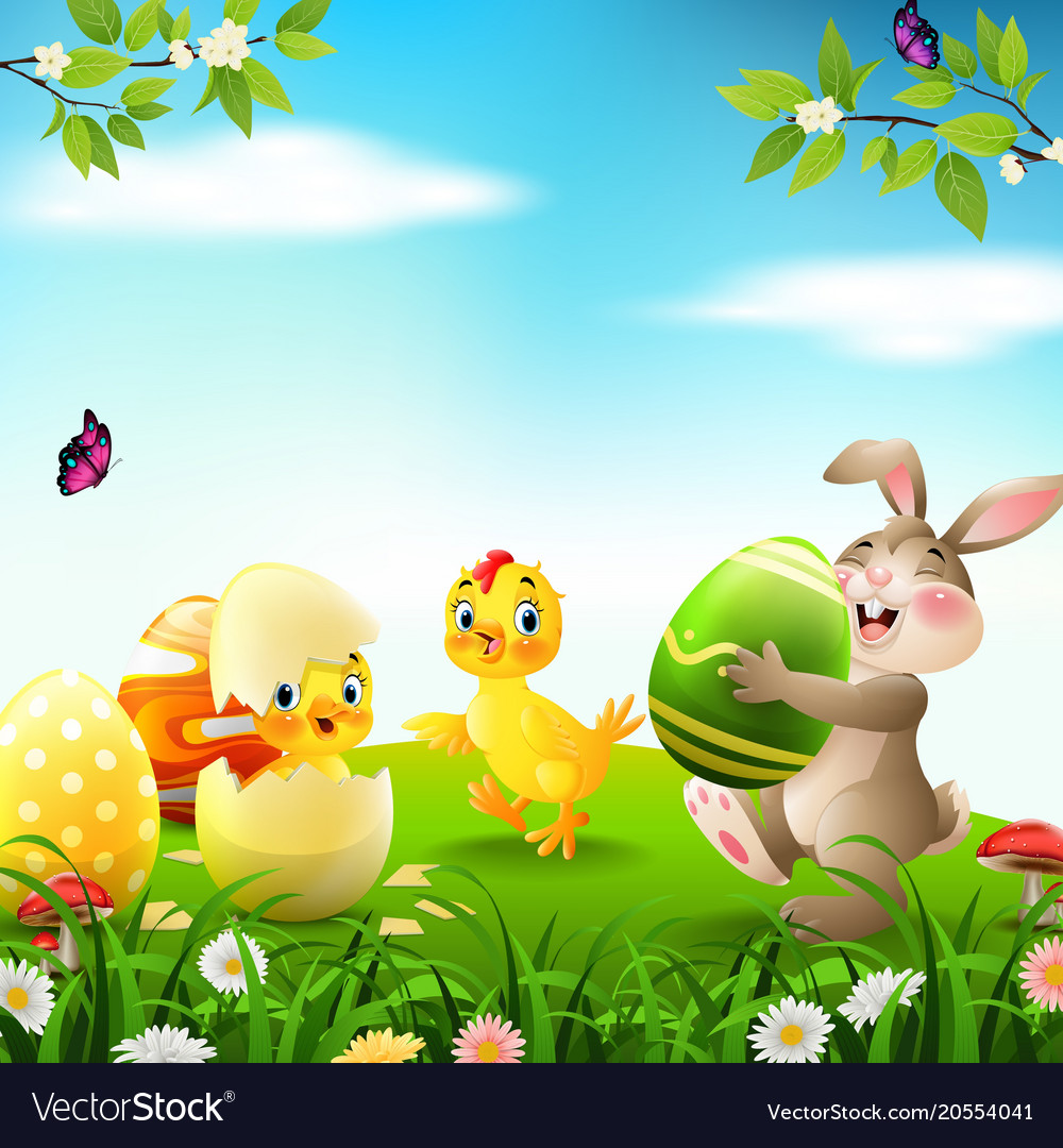 Cartoon rabbit with baby chicken and duckling Vector Image