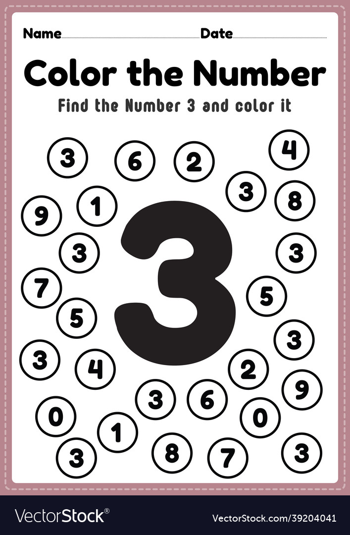 Number worksheet 3 worksheet math coloring Vector Image