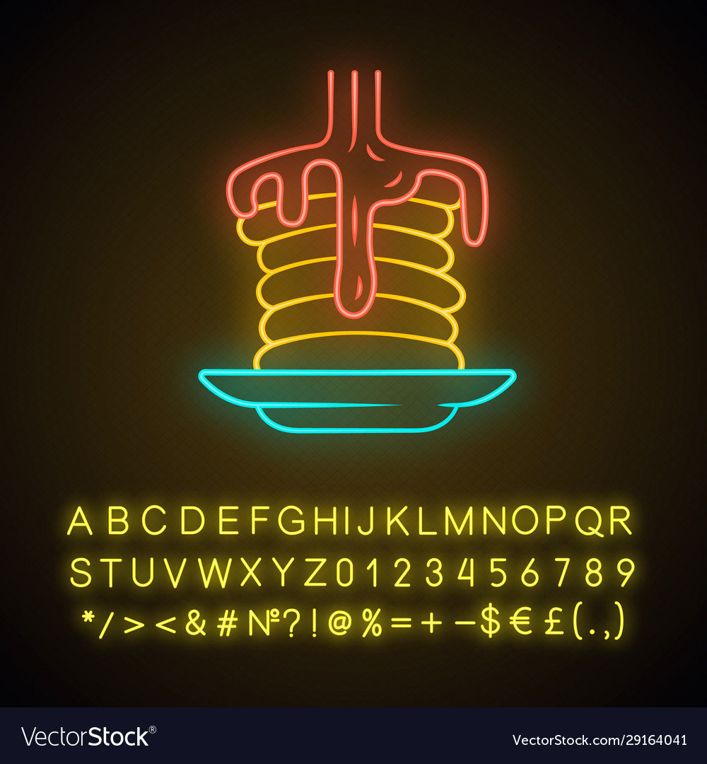 Pancakes with syrup neon light icon american