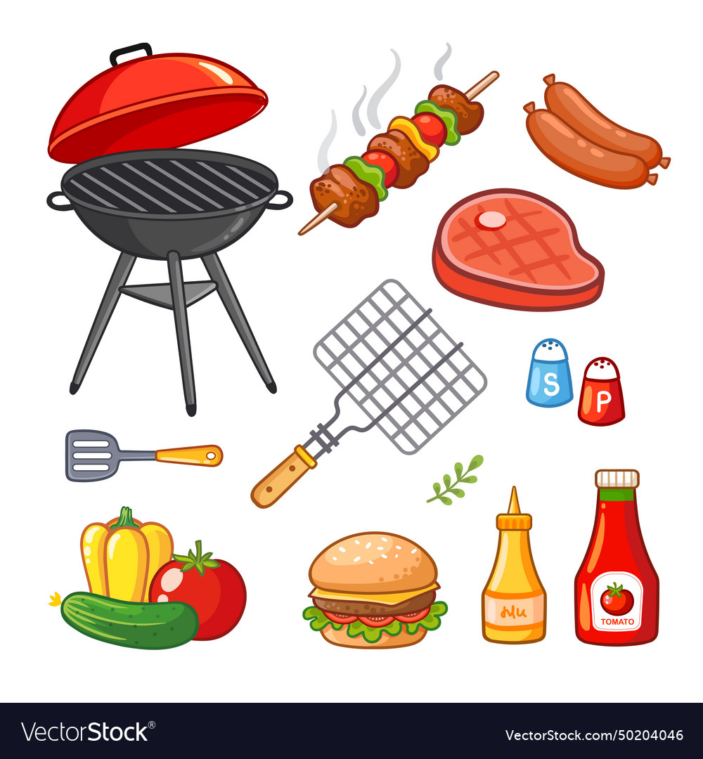 Cartoon bbq elements party set with barbecue Vector Image