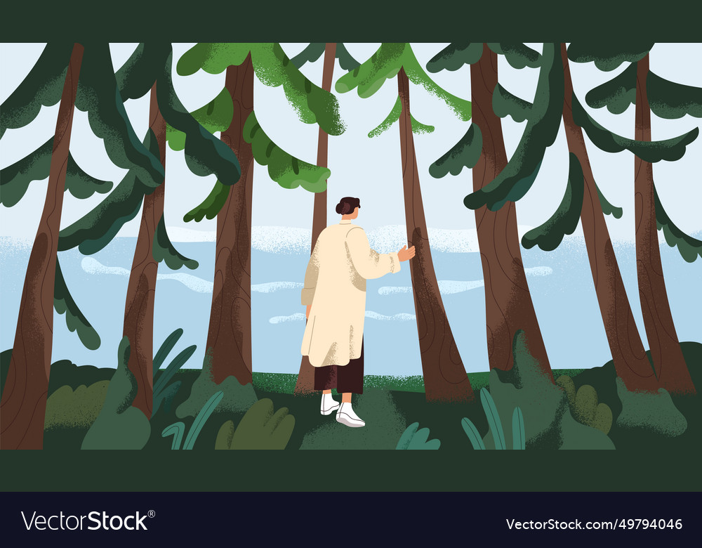 Character exploring nature walking in forest Vector Image