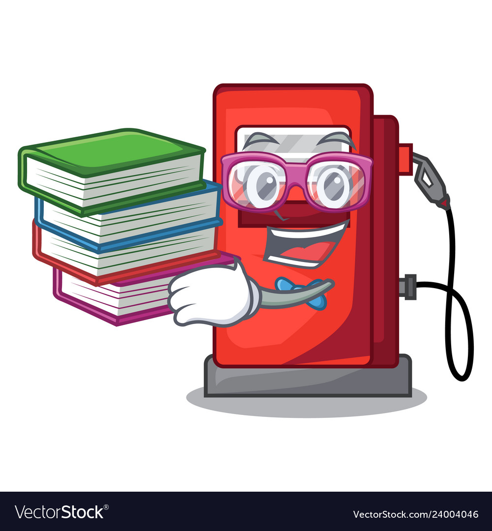 Student with book gosoline pump front the cartoon