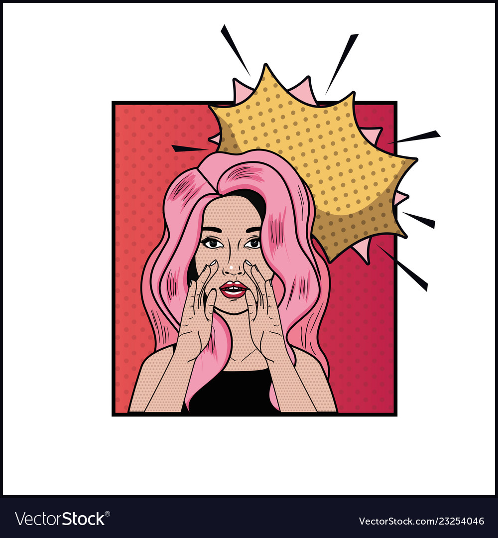 Woman with pink hair and speech bubble pop art