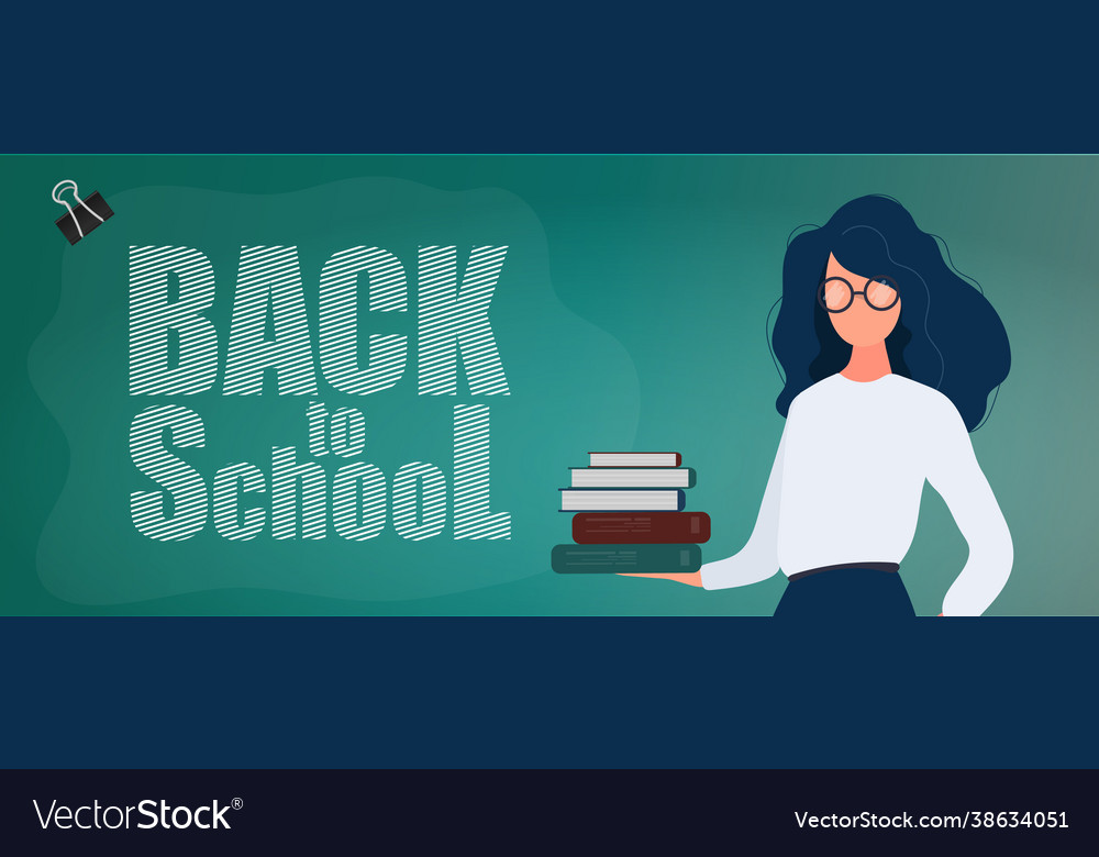 Back to school banner a girl with glasses holds