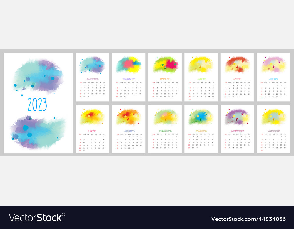 Monthly Printable Calendar 2023 Watercolor Design Vector Image