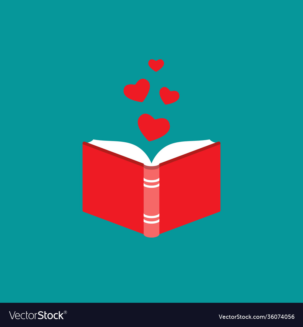 Open book with red cover and hearts flying