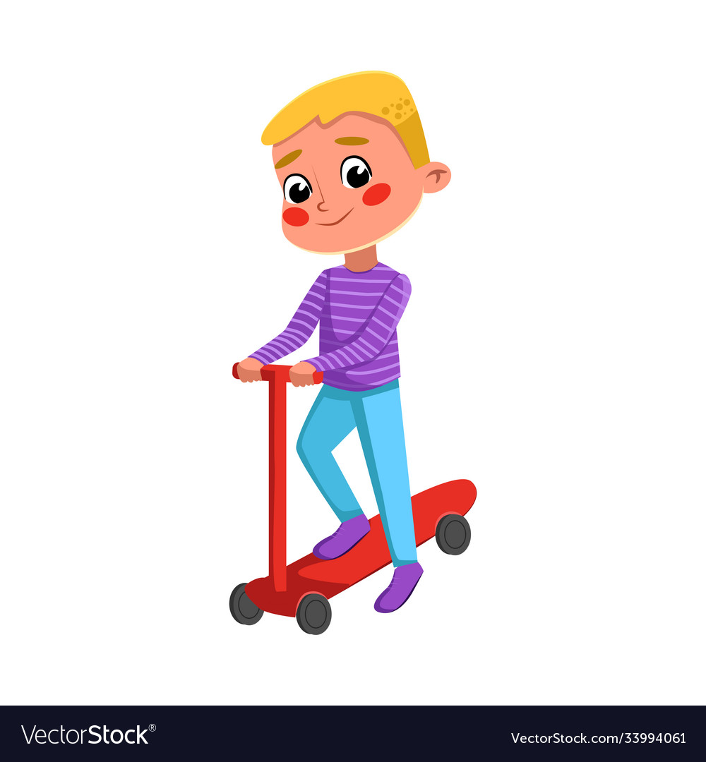 Cute boy riding kick scooter summer outdoor