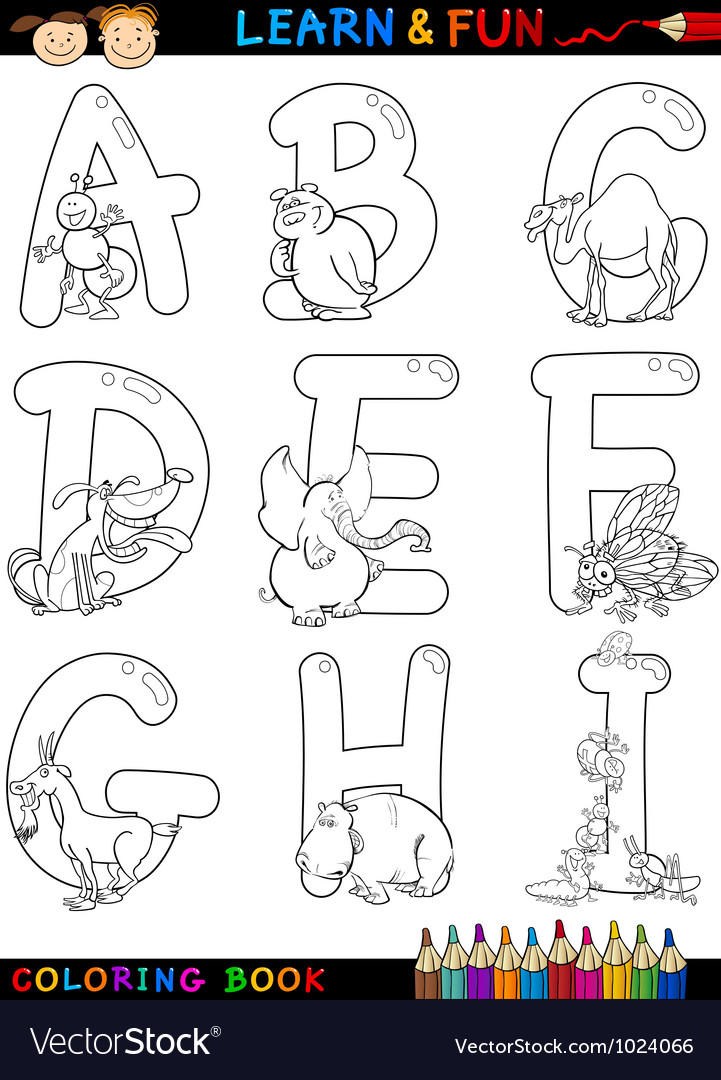 Cartoon Alphabet with Animals for coloring Vector Image