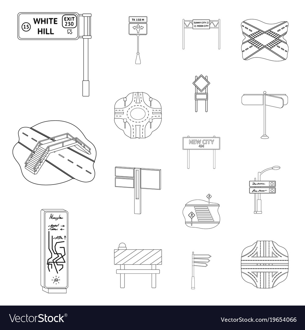 Road junctions and signs outline icons in set Vector Image