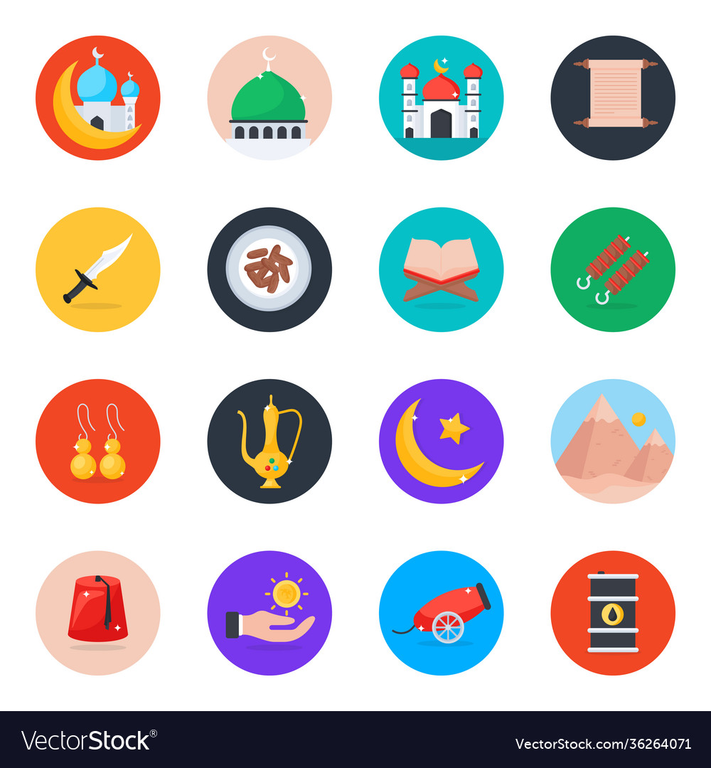 Islamic culture in modern flat rounded icons pack