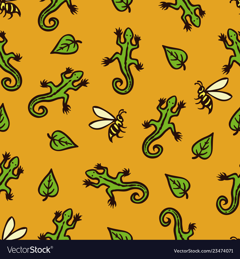 Seamless pattern with lizards bees and leaves