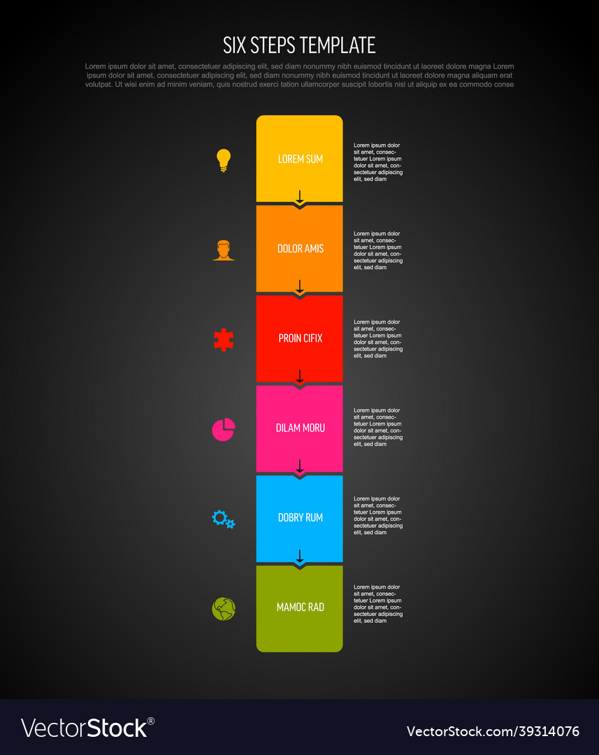 Flat vertical progress six steps template on dark