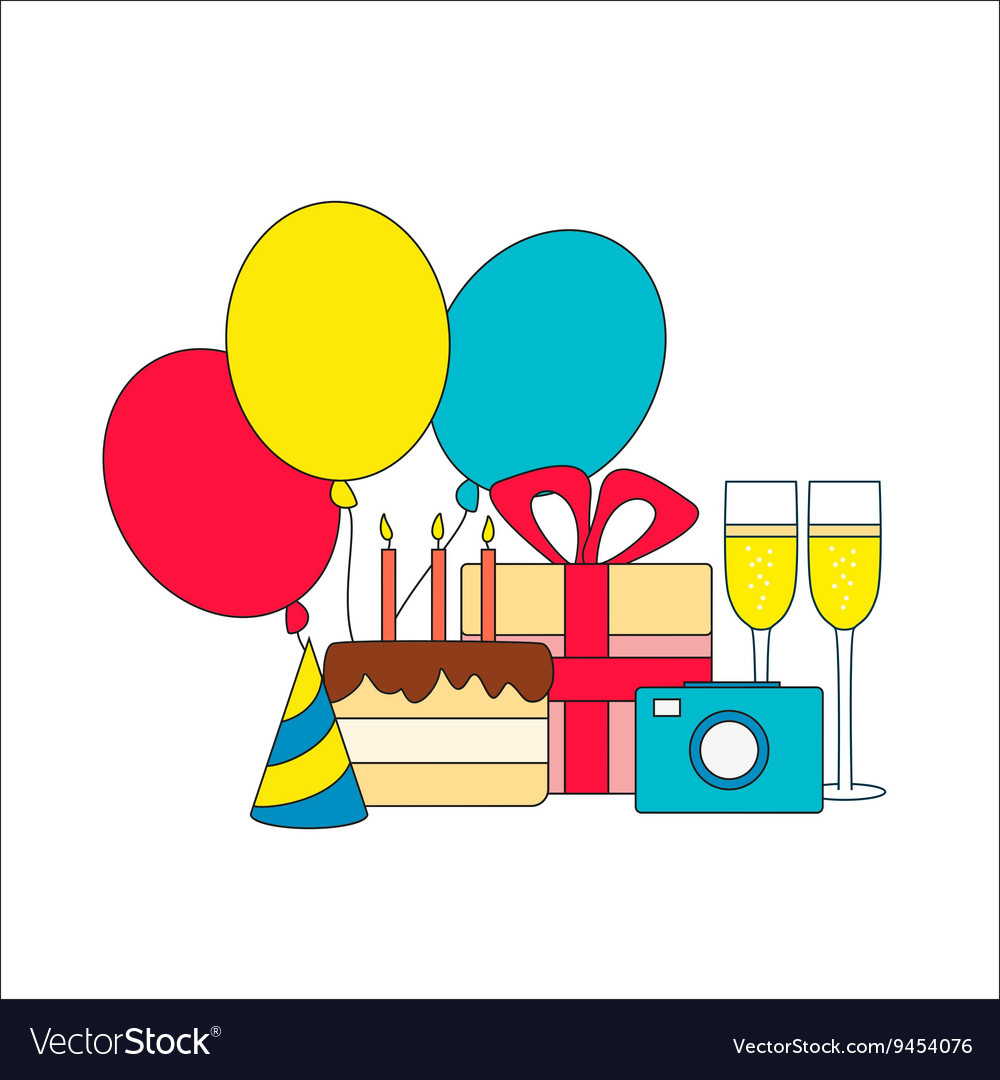 Set of birthday icon - cake gift champagne Vector Image