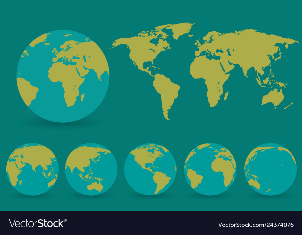 Set Of Globes With Different Continents And A Map Vector Image