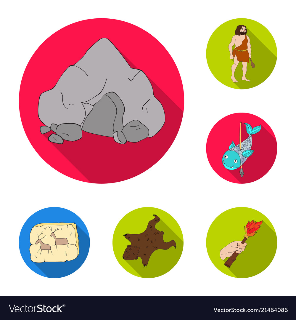 Life in the stone age flat icons set collection