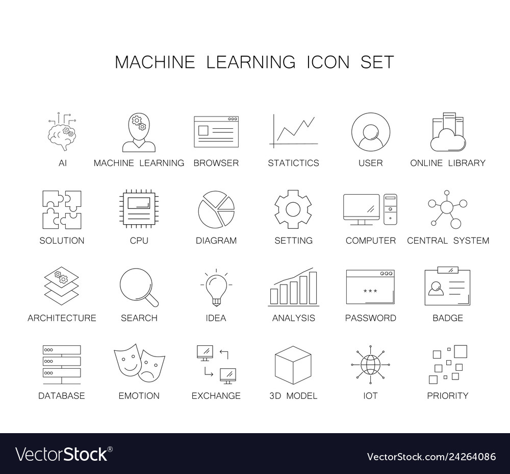Line icons set machine learning pack Royalty Free Vector