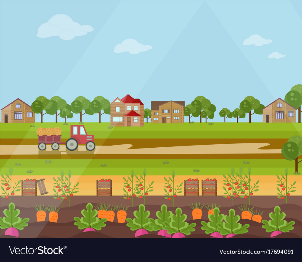 Countryside village harvest season flat Royalty Free Vector