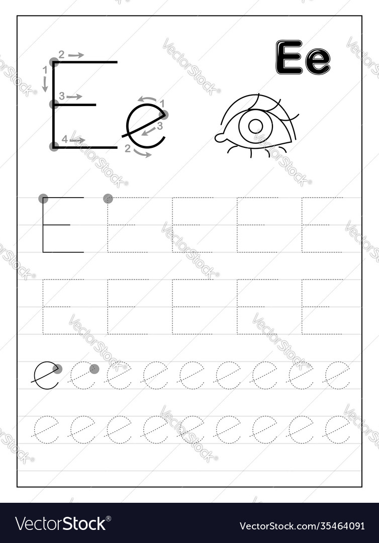 Tracing alphabet letter e black and white