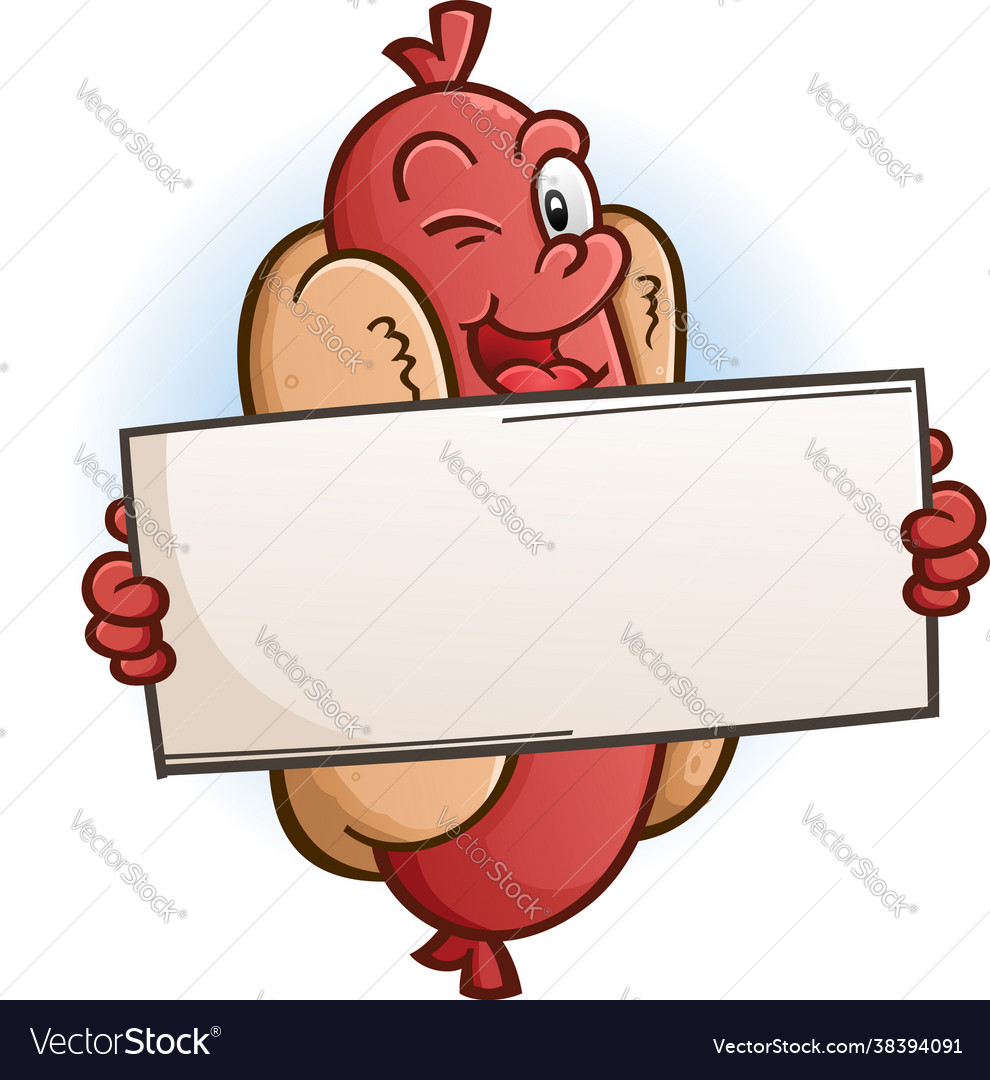 Winking hot dog cartoon character holding a sign Vector Image Winking hot dog cartoon character holding a sign Vector Image