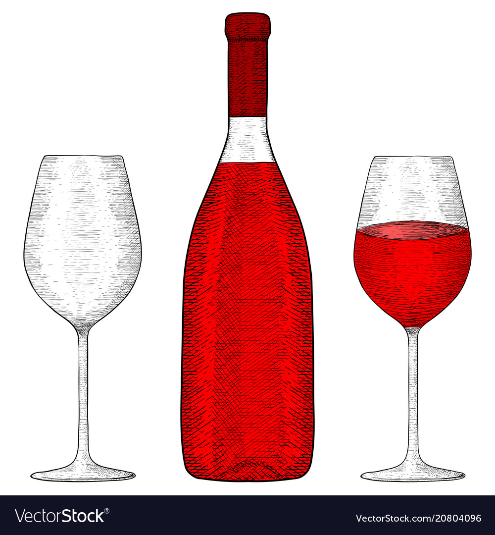 Bottle of red wine with glasses hand drawn