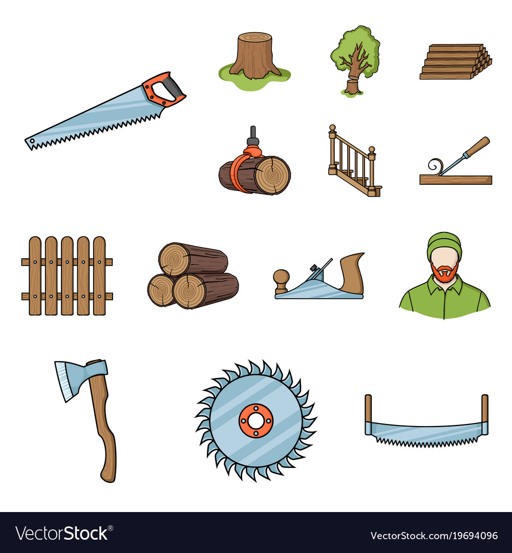 Sawmill and timber cartoon icons in set collection