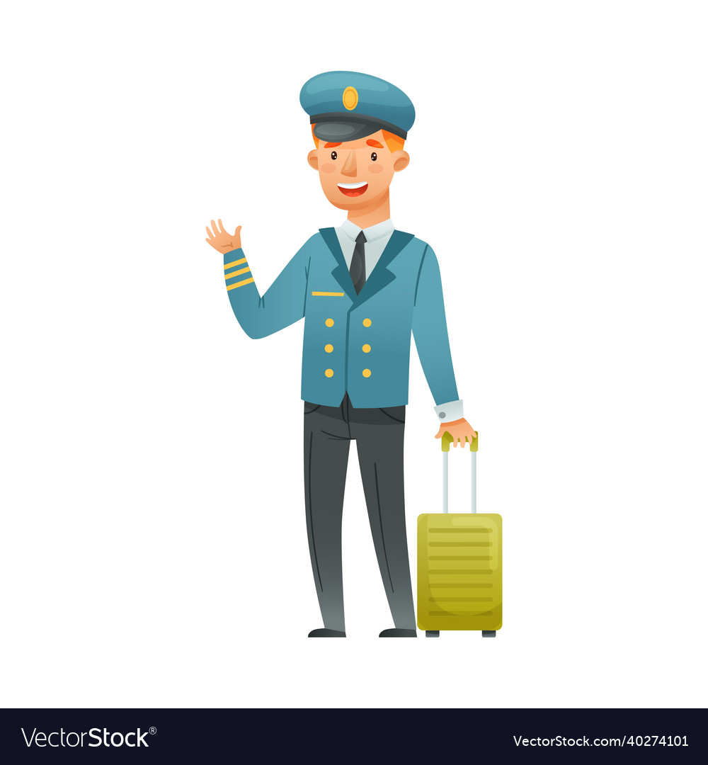 Man pilot character in blue uniform with suitcase Vector Image