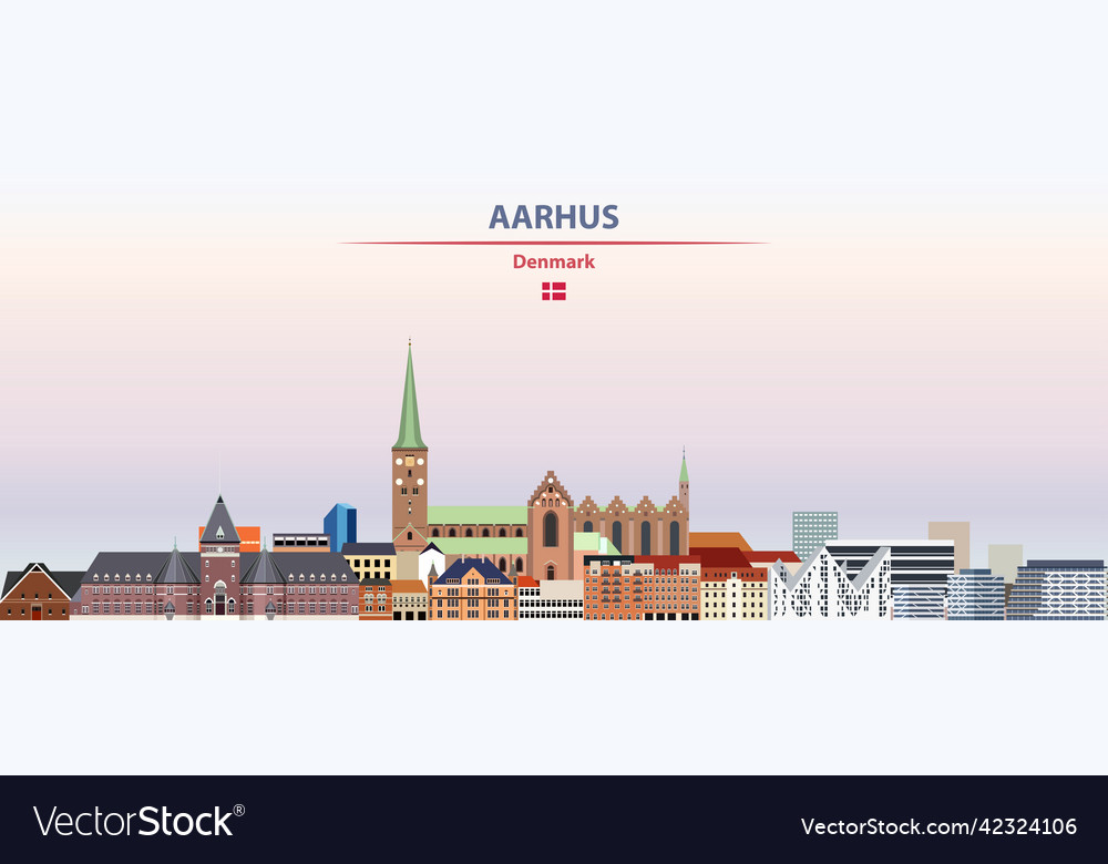 Aarhus cityscape on sunset sky background