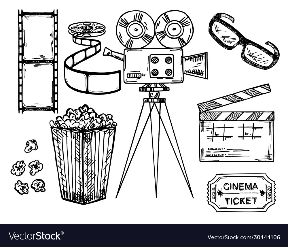 Cinema and making films hand drawn set