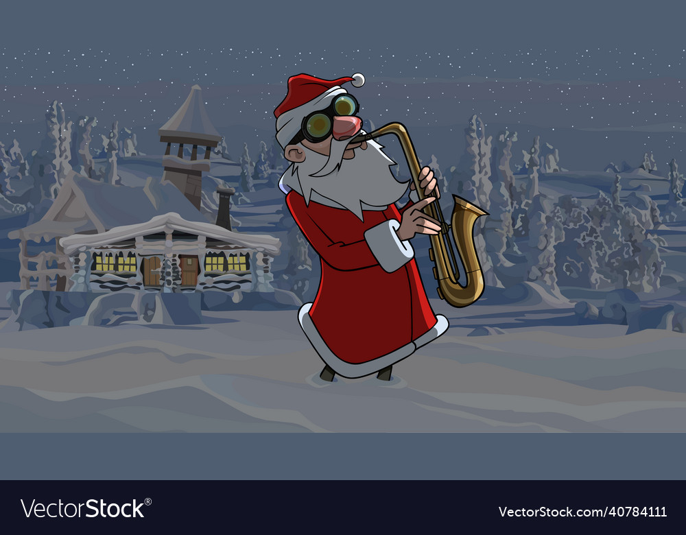 Cartoon santa claus playing saxophone at night