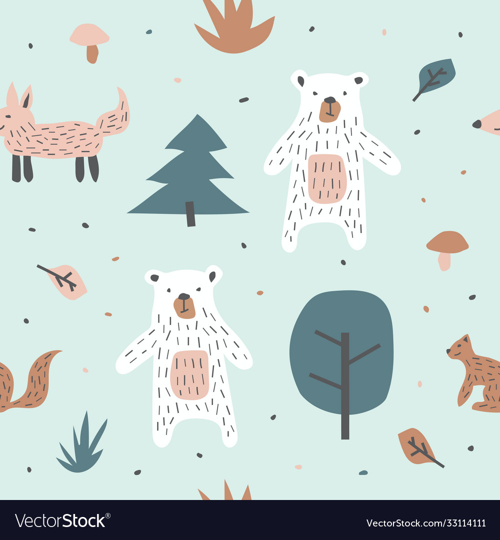 Childish seamless pattern with cute bear fox vector image Childish seamless pattern with cute bear fox