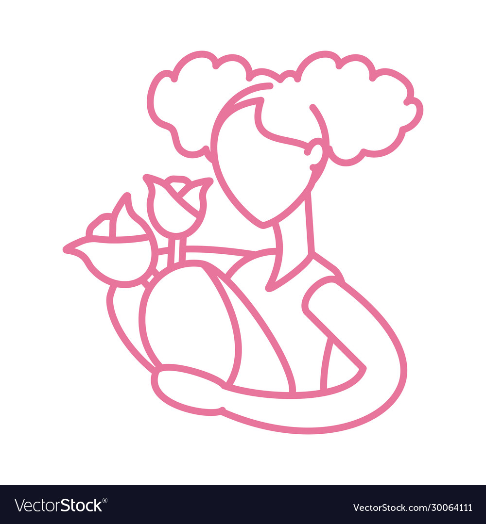 Woman holding a bouquet flowers line style icon