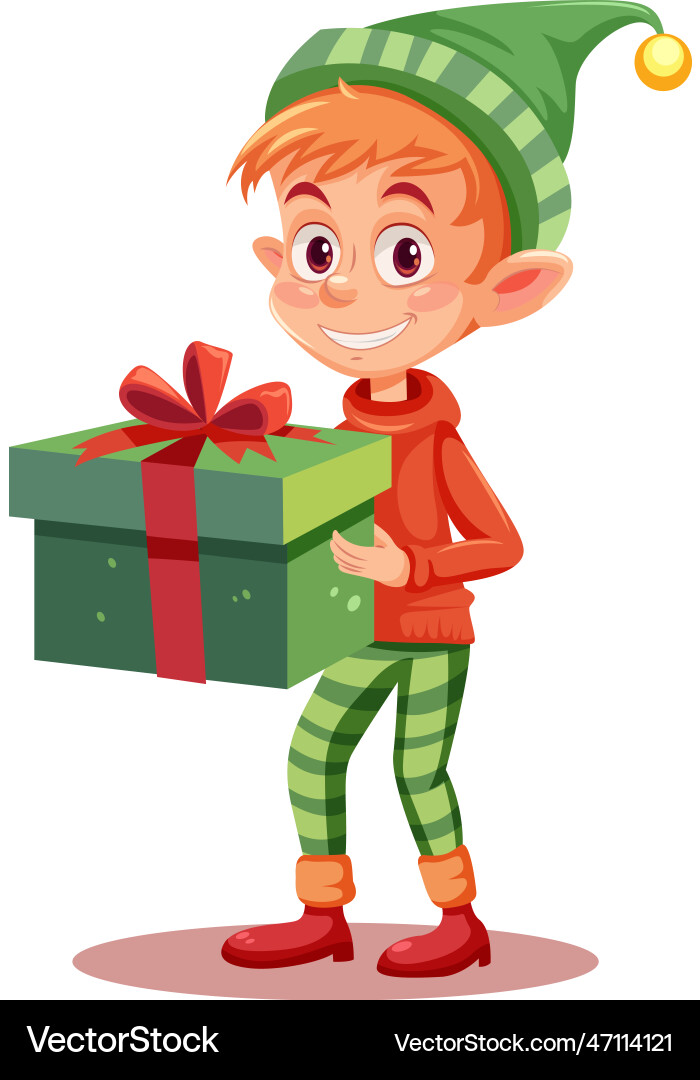Cheerful elf holding a gift box Royalty Free Vector Image
