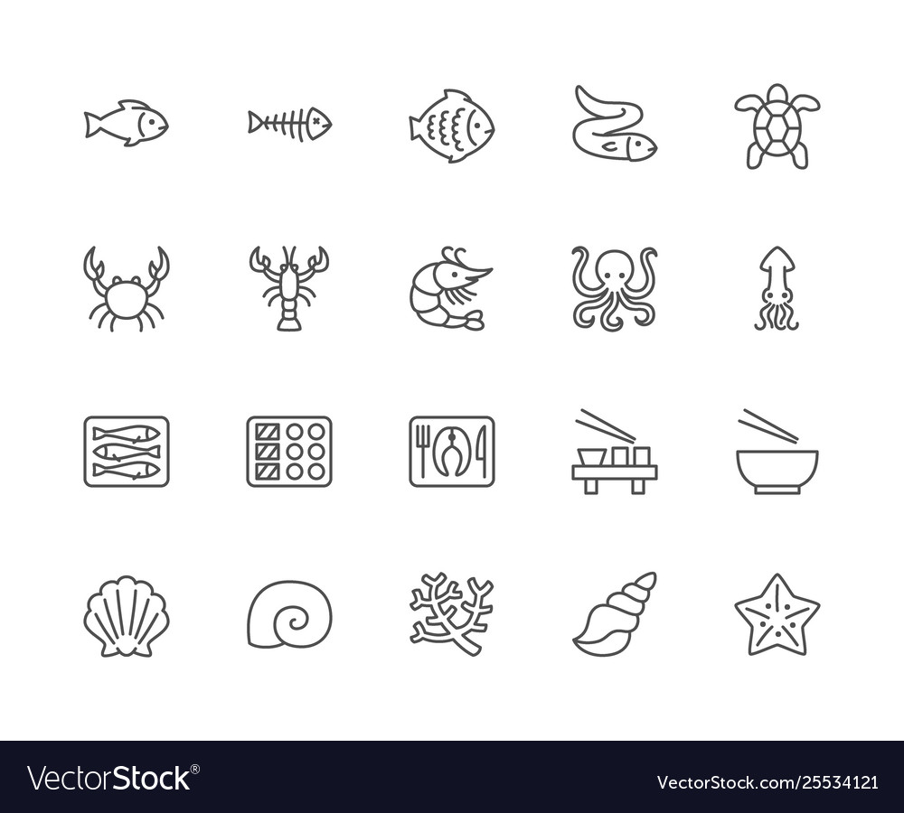 Set seafood line icons fishbone fish