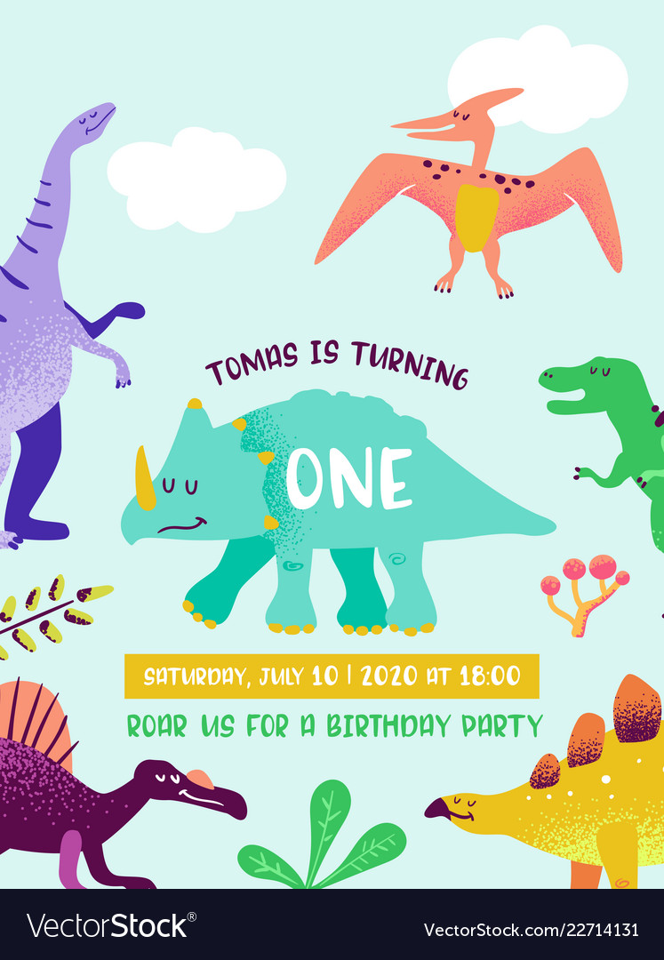 Watercolor Dinosaur Girl Birthday Invitation 