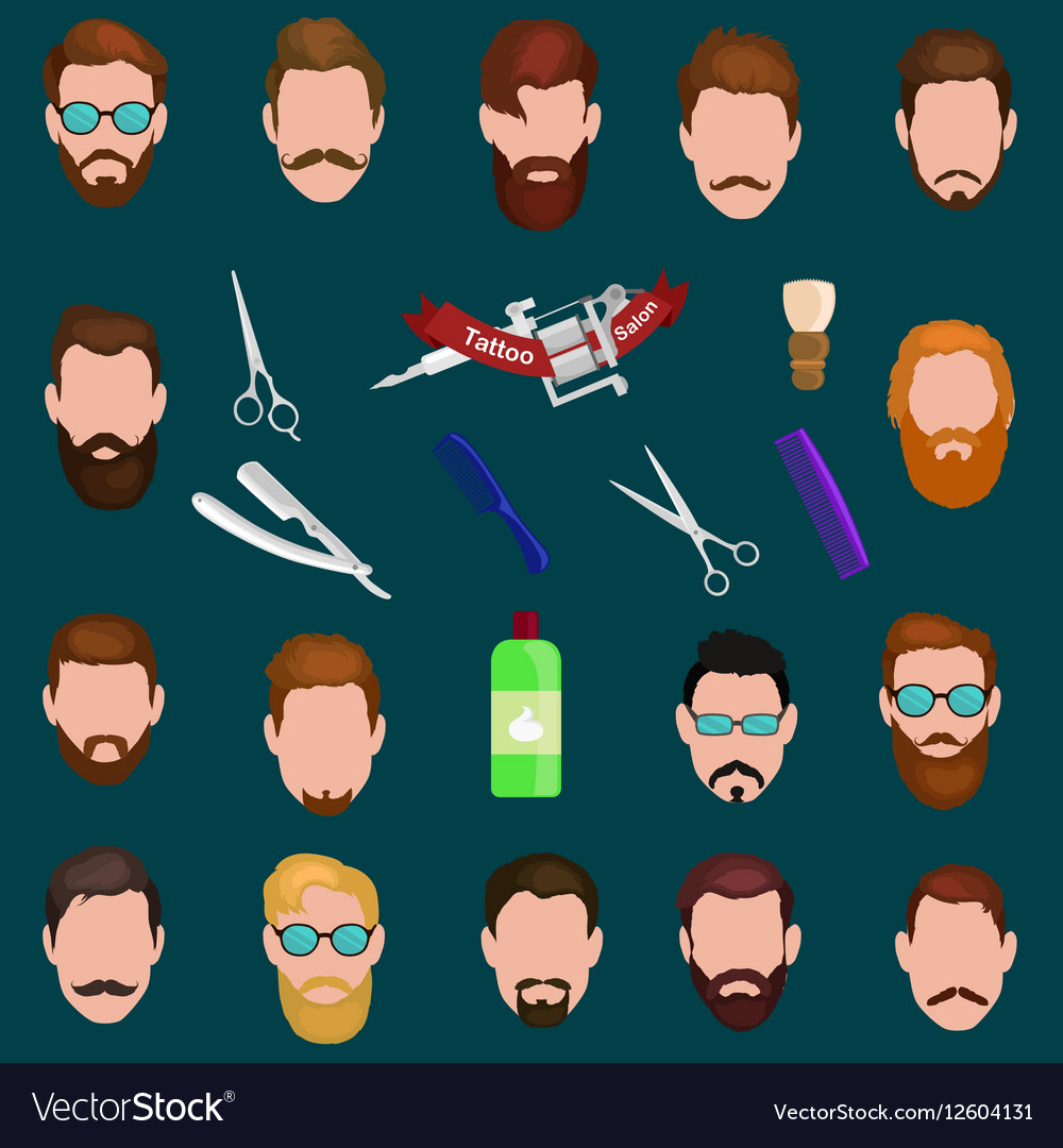 Set Of Men Cartoon Hairstyles With Beards And Vector Image