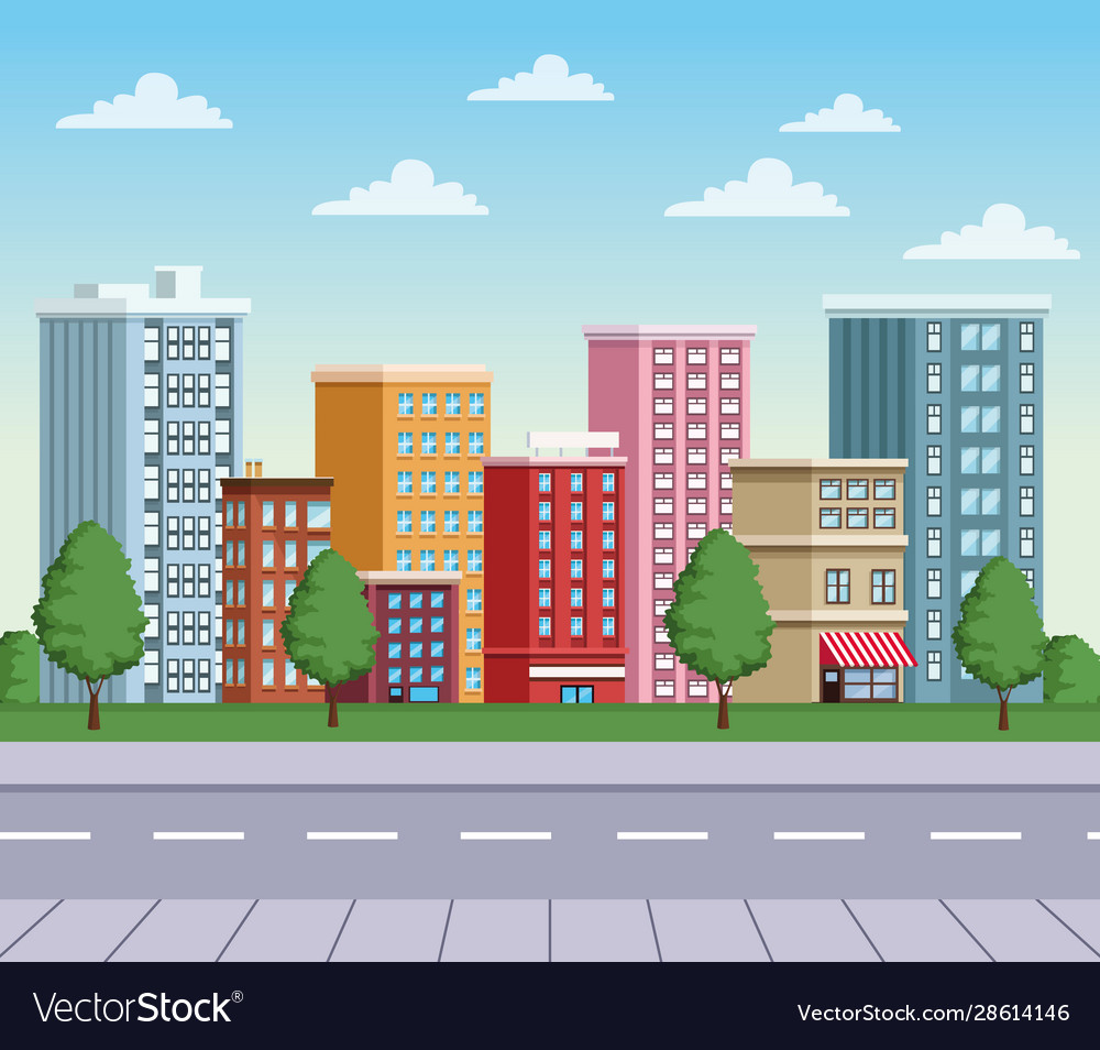 Buildings cityscape with road urban scene