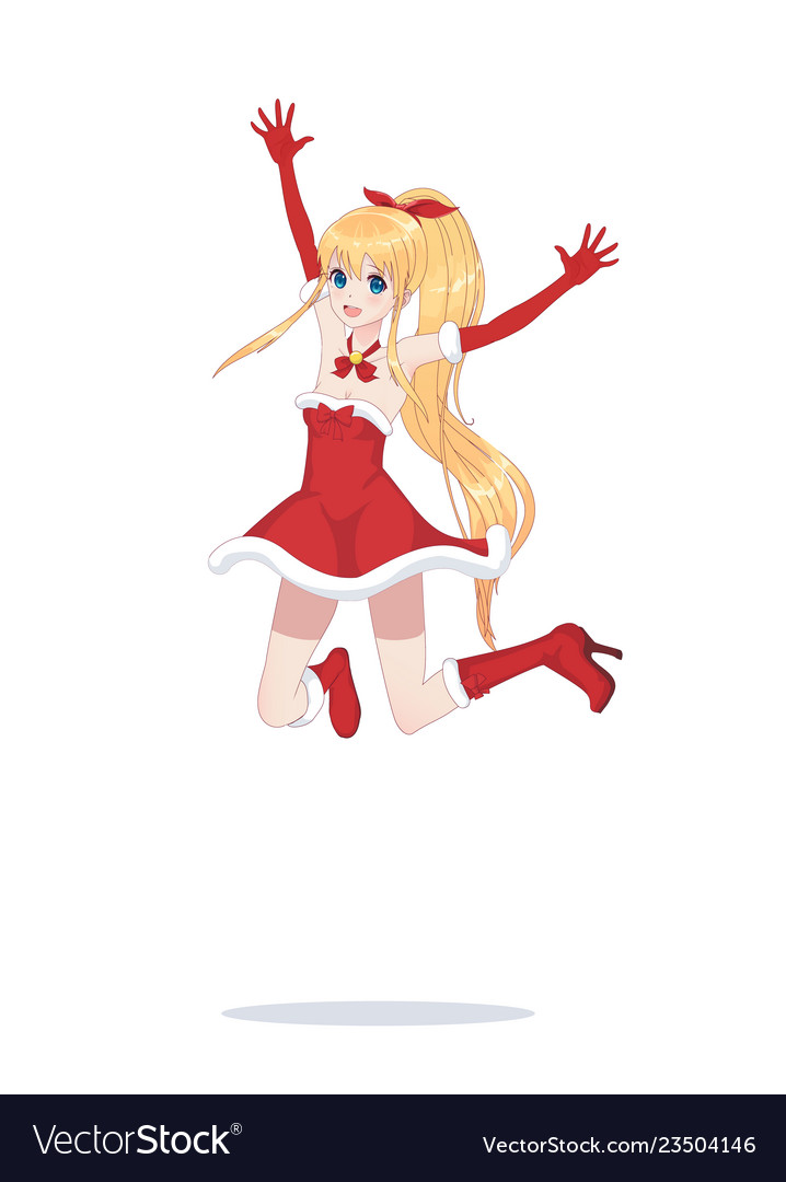 Joyful anime manga girl as santa claus in a jump