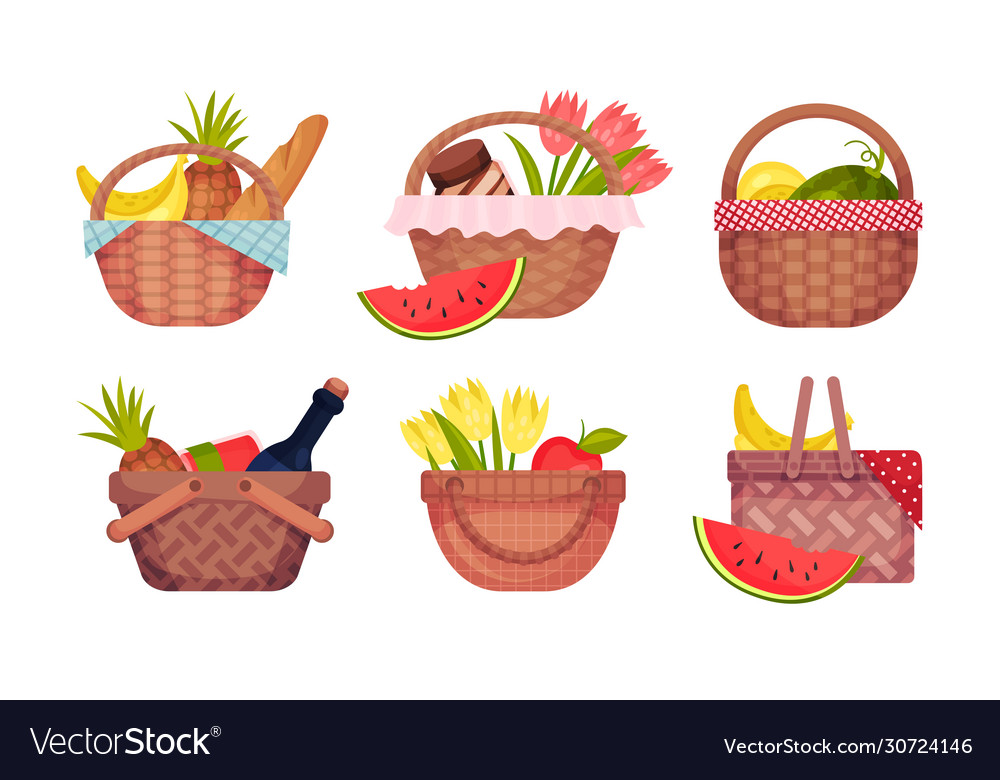 Picnic baskets full with foodstuff like fruit