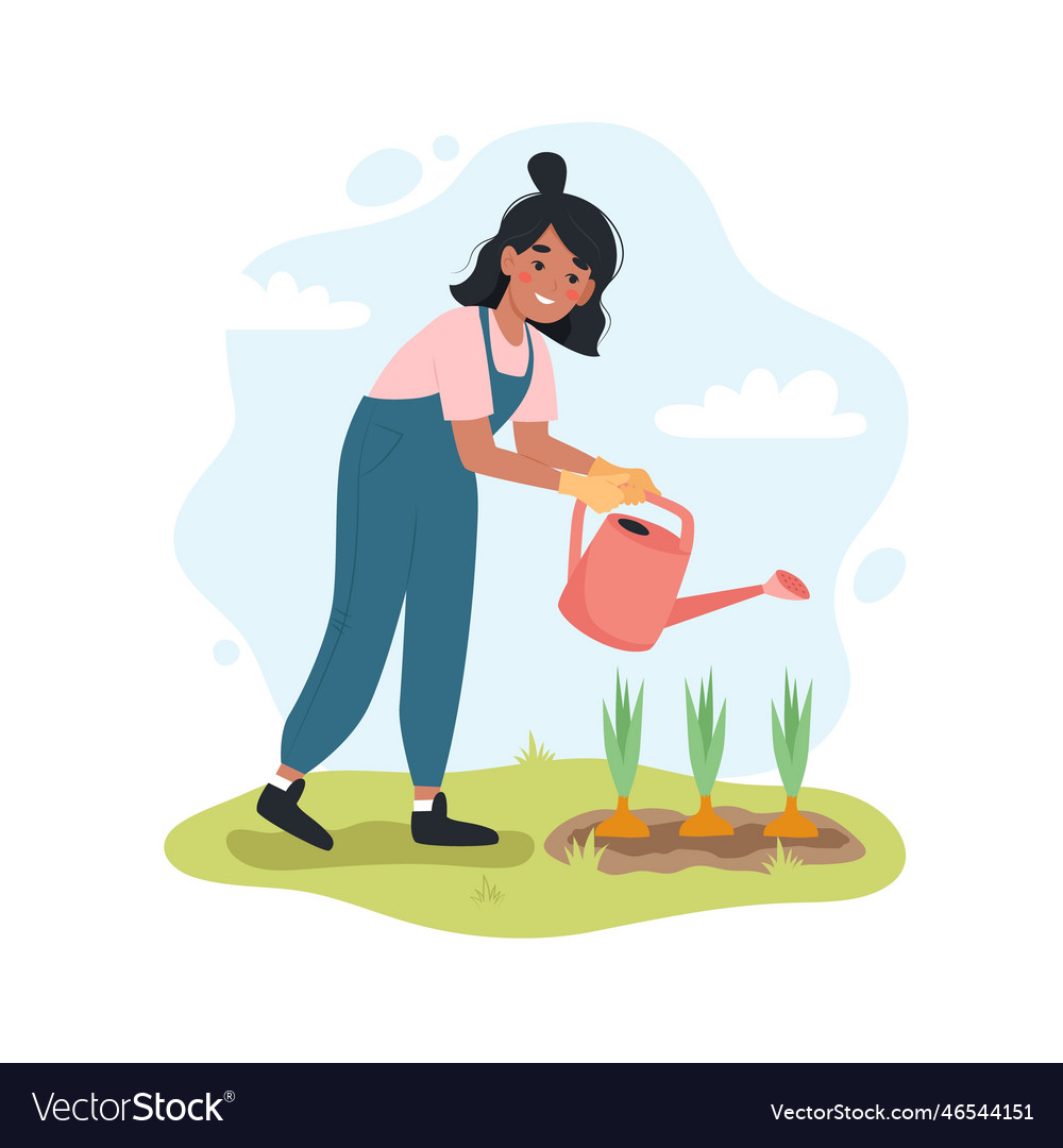 Black woman with watering can female gardener Vector Image