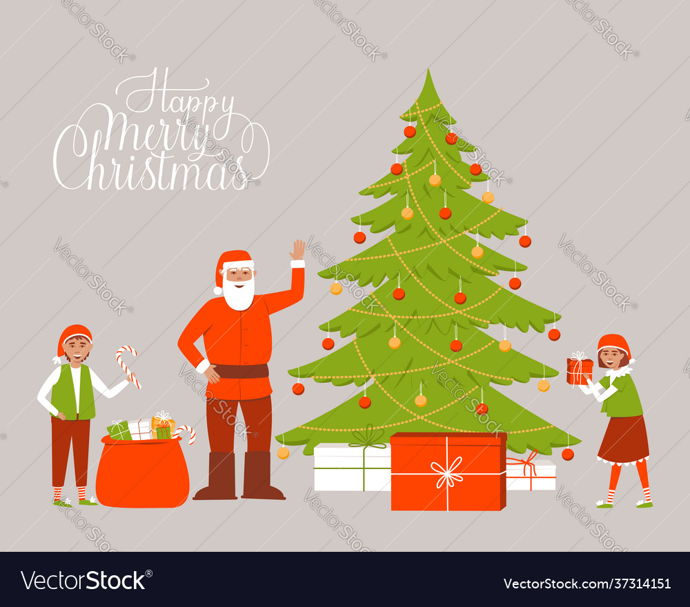 Santa claus near christmas tree with gifts