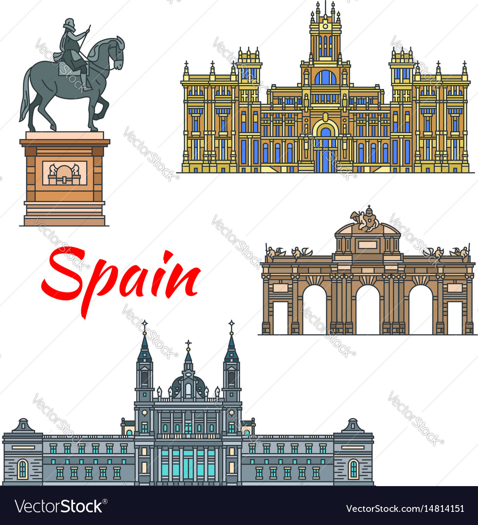 Spanish travel landmark of madrid linear icon set Vector Image