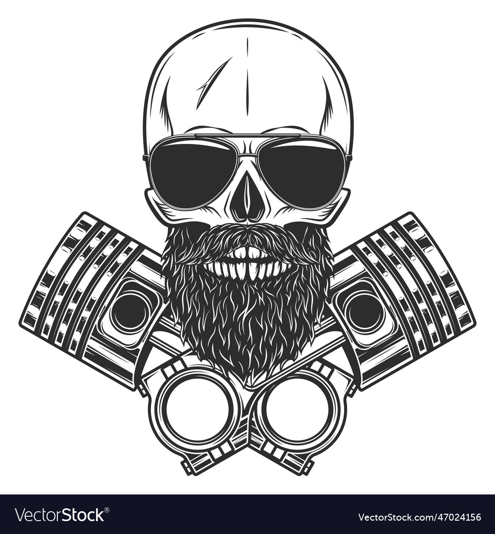 Biker skull with beard in sunglasses with piston Vector Image