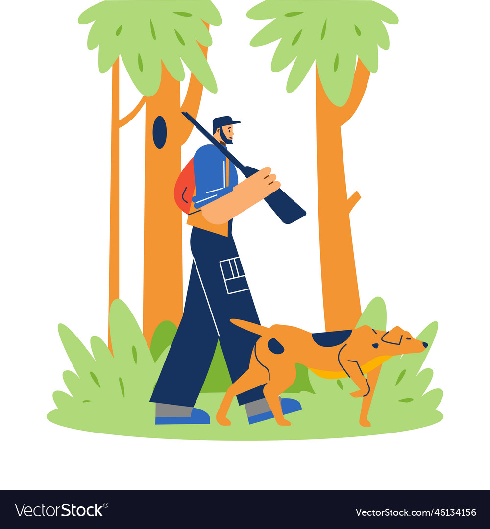 Smiling hunter man going with assistance dog flat Vector Image