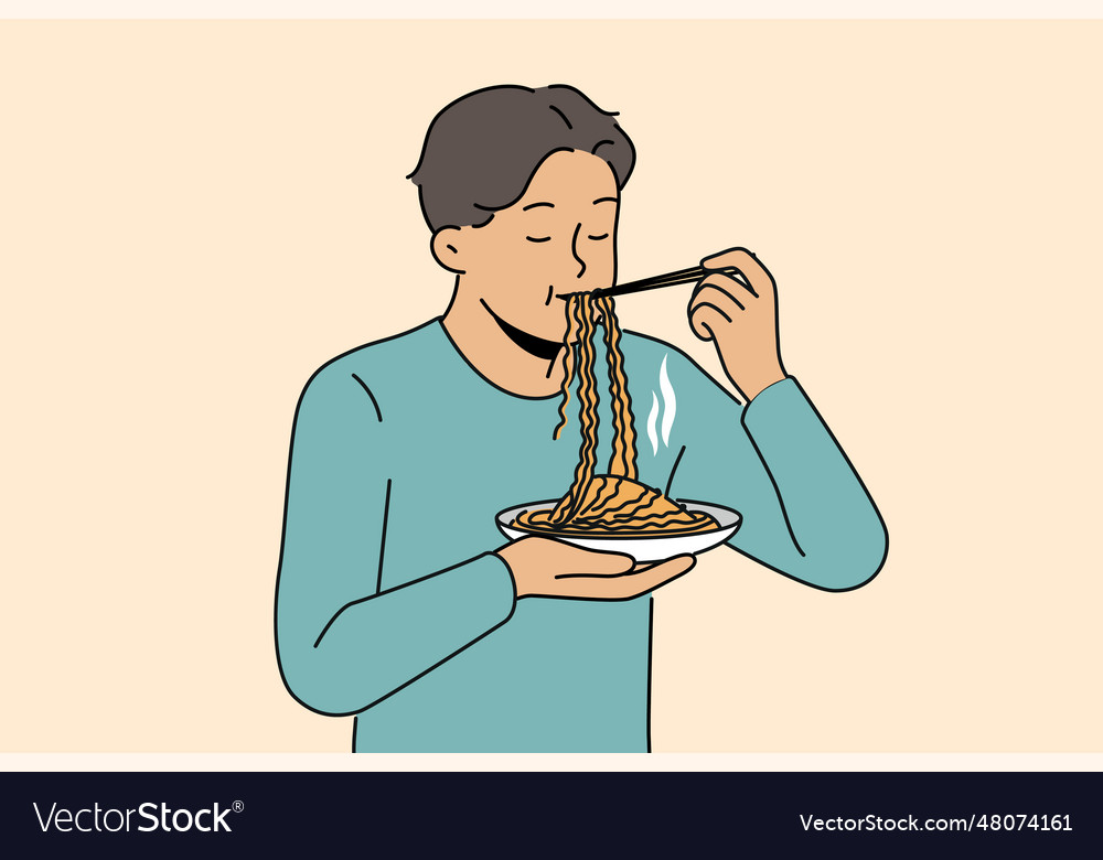Asian man eats ramen with chinese sticks enjoying Vector Image
