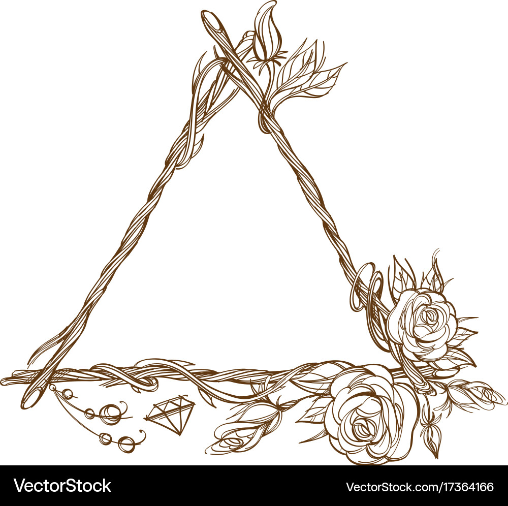 Triangular frame made branches with roses and Vector Image