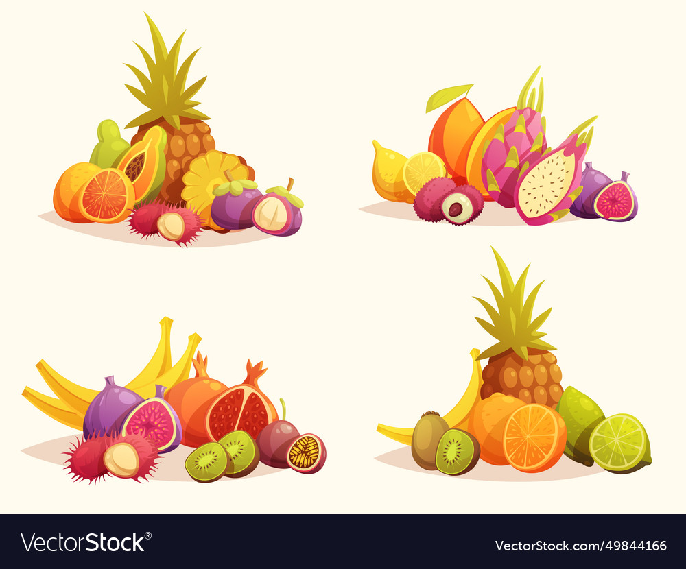 Tropical fruits 4 colorful compositions set